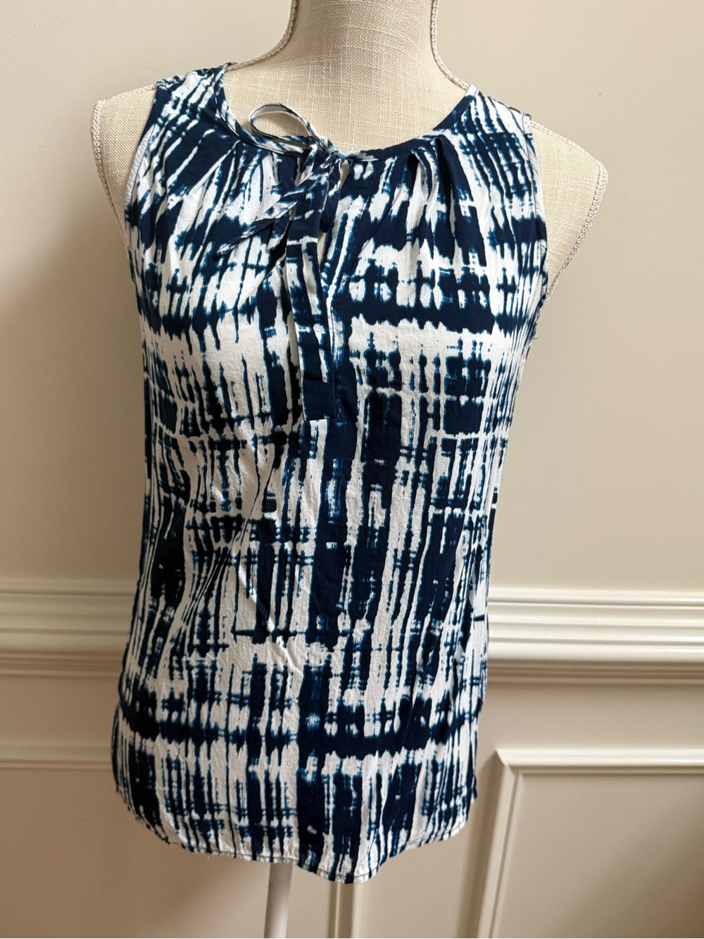 Crosby Navy and White Abstract Stripe Sleeveless Blouse